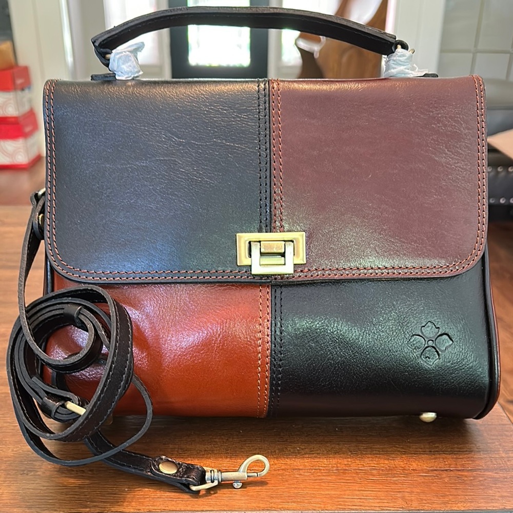 Patricia Nash Black and Brown Leather Satchel with Gold Clasp